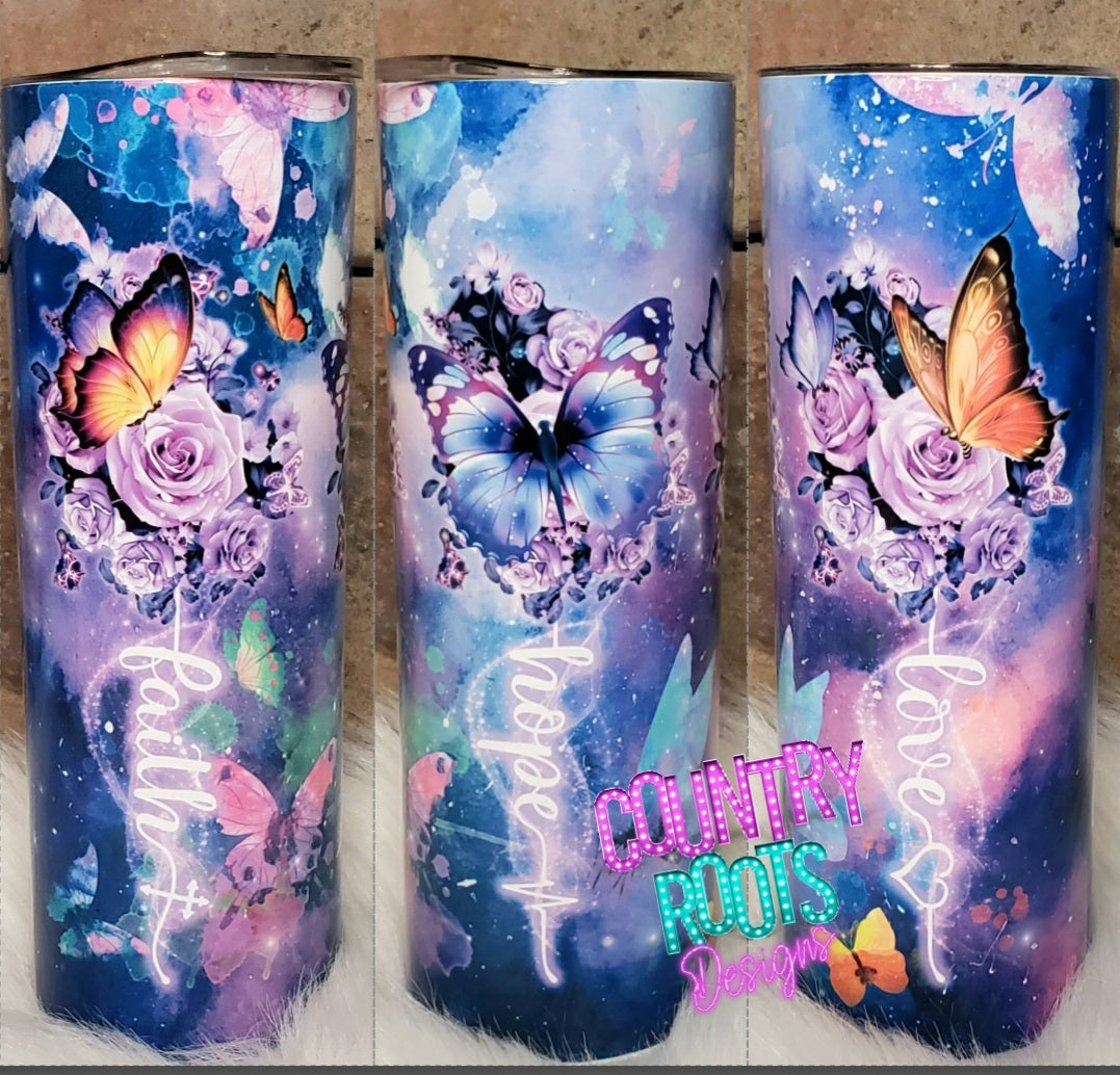 Faith Hope Love Butterflies 20oz Skinny Tumbler
