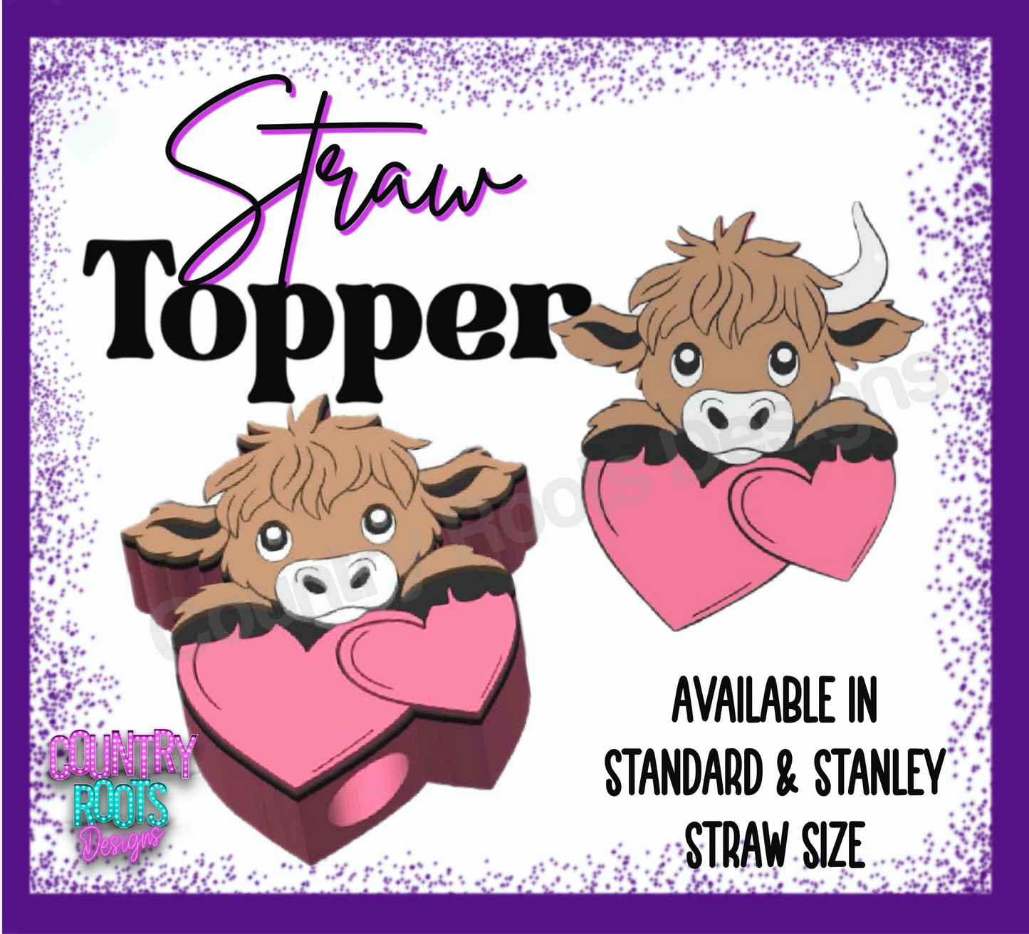 Highland Cow w/ Hearts 3D Straw Topper