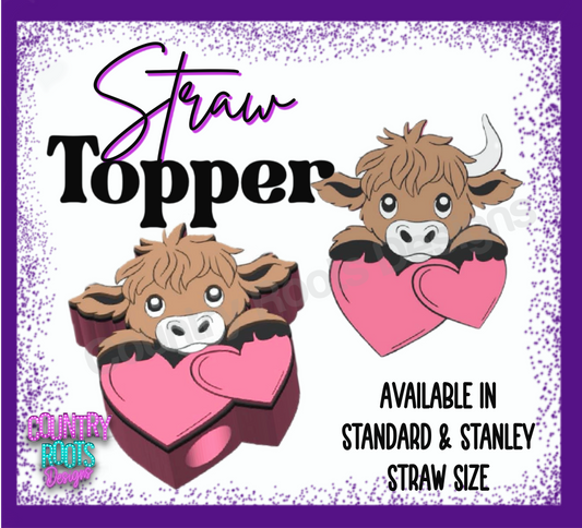 Highland Cow w/ Hearts 3D Straw Topper