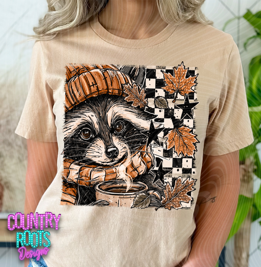 Fall Raccoon- Checkered Tee