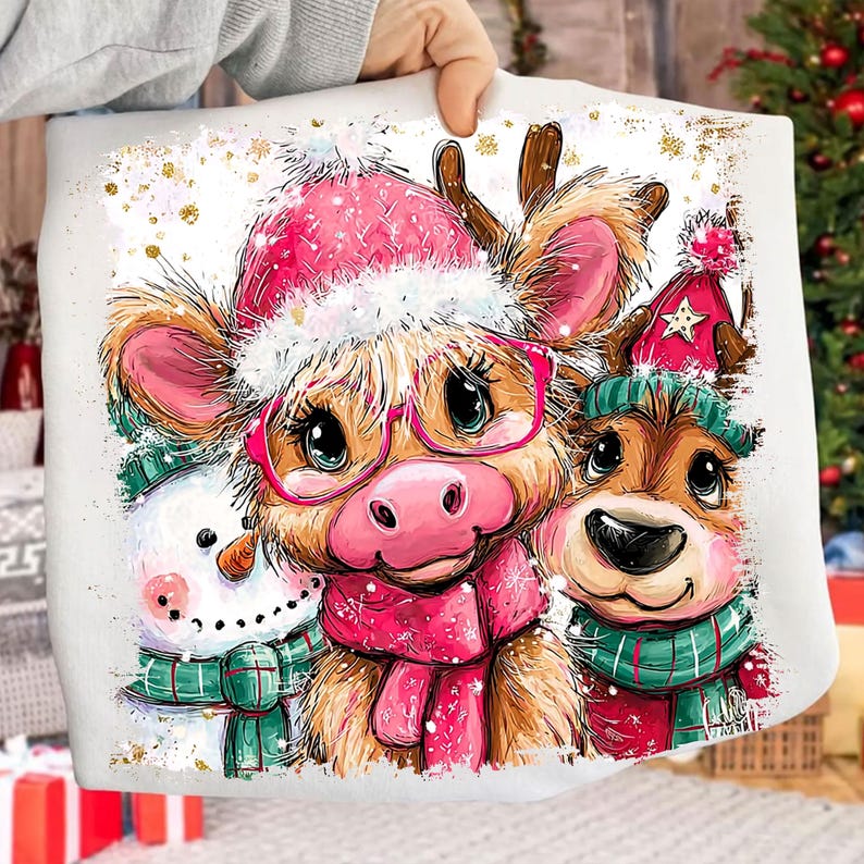 Cute Highland Cow With Snowman